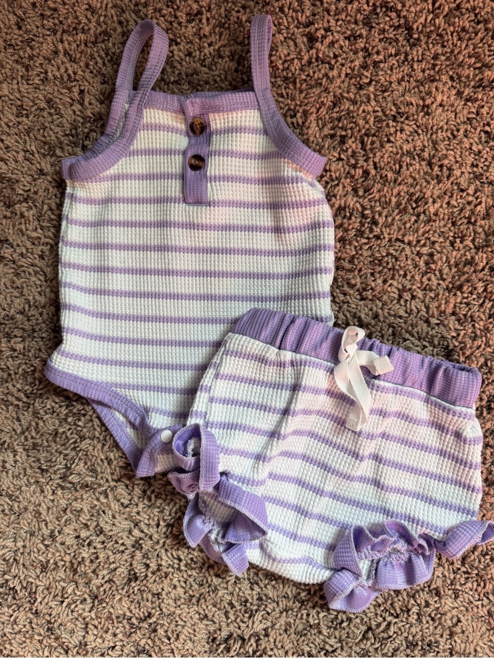 Lilac and White Striped Knit Tank Romper & Shorts Set for Kids